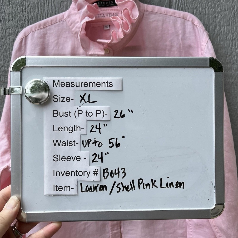 Upcycled Re-worked Lauren Ralph Lauren Shell Pink Linen Ruffle Collar Shirt XL - Picture 7 of 9